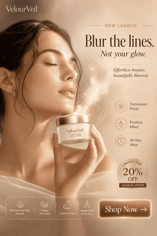 VelourVeil luminous setting powder launch ad, soft beige tones, 'Blur the lines. Not your glow.'