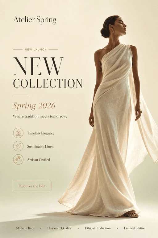 Fashion new-collection launch poster, editorial layout