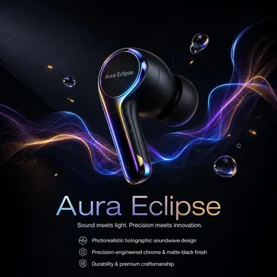 A high-end, cinematic commercial advertisement for the launch of the "Aura Eclipse" wireless earbuds. A sleek,