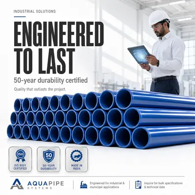 Industrial manufacturing ad: perfectly stacked glossy blue PVC pipes in a bright modern factory, sunlight streaming