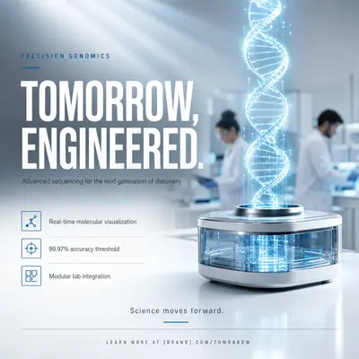 Futuristic biotech ad: a glowing blue DNA helix rising from a sleek glass lab device on a white laboratory bench, cool