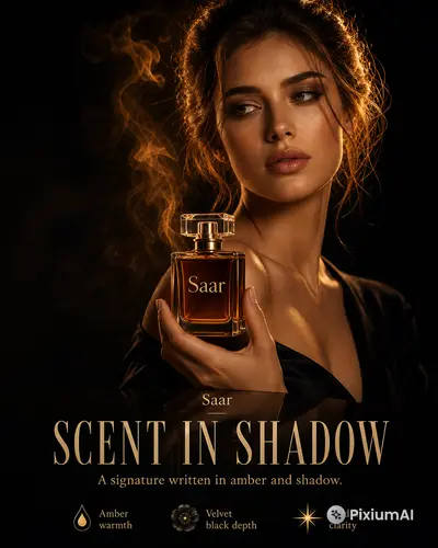 World-class luxury fragrance advertisement, elegant woman with striking features and flawless skin, holding a glass
