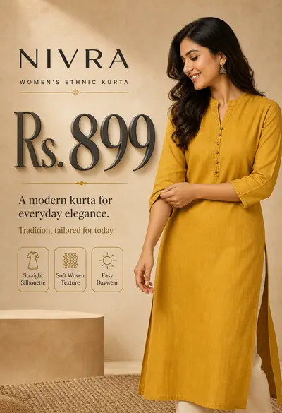 Women's ethnic kurta product photography, model wearing mustard yellow kurta, minimal beige studio background, soft