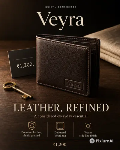 Leather wallet product photography, dark wood surface, warm side lighting, brand tag, price ₹1, 200, minimal luxury