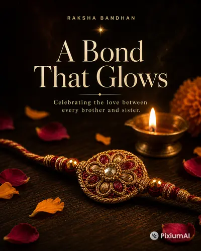 Cinematic Raksha Bandhan still life, ornate gold-threaded rakhi resting on dark walnut wood, single diya flame glowing