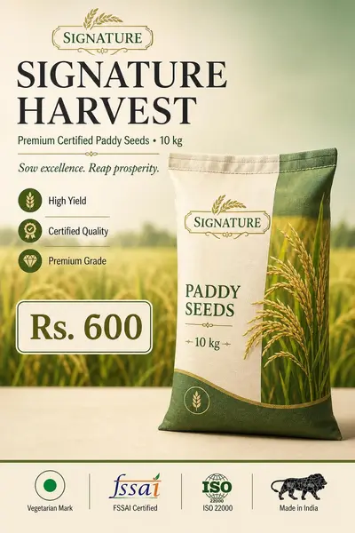 Generate a launching poster of paddy seeds of 10 kg with cost of Rs. 600 and brand name is signature