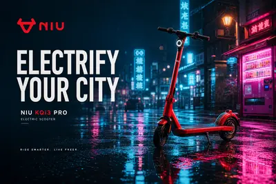 The same glossy cherry-red electric scooter, identical model and angle, now in a neon-lit rainy Tokyo street at night,