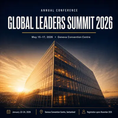 Corporate summit poster: a modern glass skyscraper facade reflecting sunrise, deep navy sky gradient at top, bold white