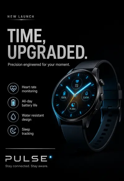 Bold launch poster for a smartwatch called "PULSE", glowing watch face on black, headline "TIME, UPGRADED" in crisp