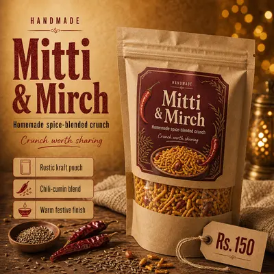 Homemade namkeen snack pack, rustic kraft paper pouch packaging, spices and chili scattered around, warm golden
