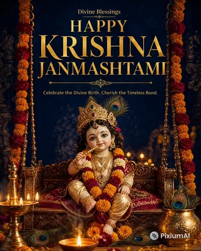 Premium devotional Janmashtami festival poster, cinematic photography of an ornate baby Krishna idol on a decorated