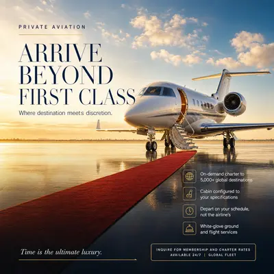 Luxury private jet ad: a gleaming white business jet with polished silver accents parked on a sunlit runway at golden