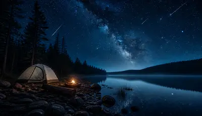 Generate a beautiful scene of night light with blue sky, and falling stars and metaroids and camp with abeautiful lake