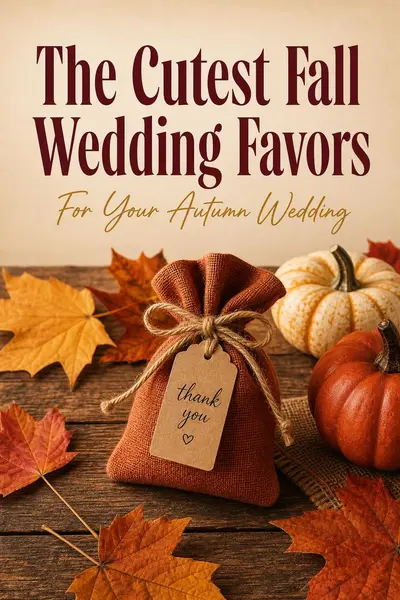 A Pinterest pin design featuring autumn wedding favors arranged on a rustic wooden table with scattered maple leaves in