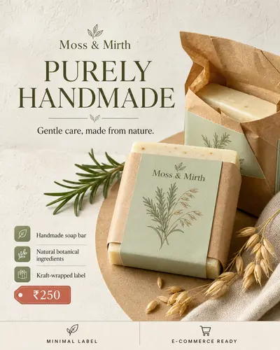 Handmade soap bar packaging, minimalist kraft label, natural ingredients illustration, pastel color scheme, price tag