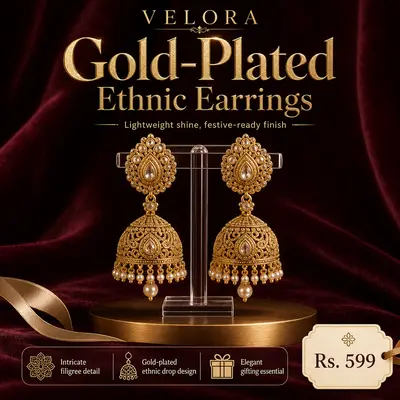 Gold-plated ethnic earrings product shot, elegant maroon velvet background, soft jewelry lighting, price tag Rs. 599,